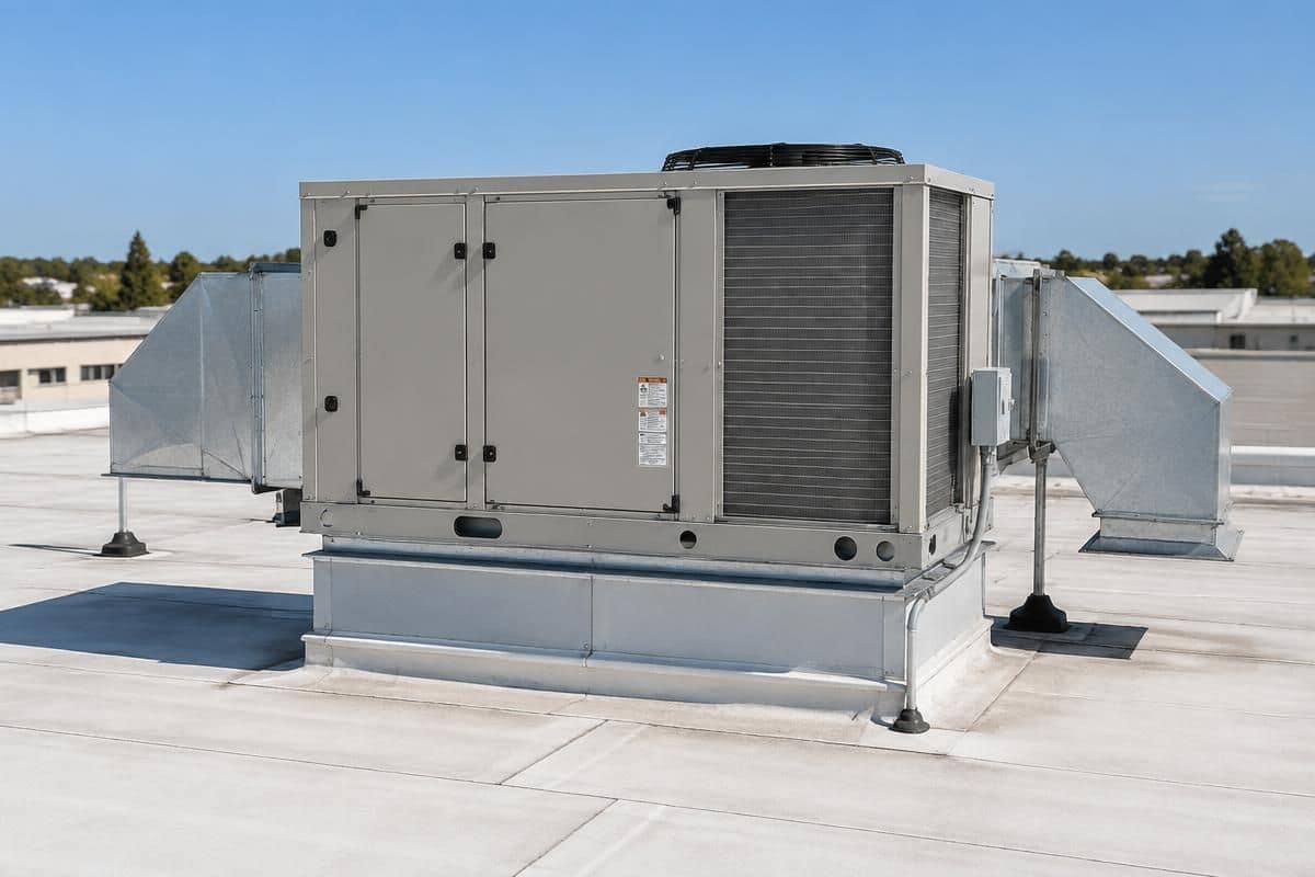 Complete rooftop package HVAC unit with supply and return duct connections, shown fully in frame